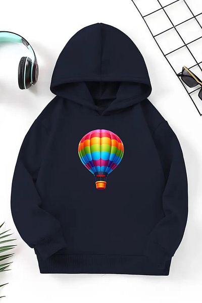 CLAYES Hanorac unisex albastru bleumarin pentru copii cu glugă – balon zburător, țesătură groasă cu șapcă imprimată