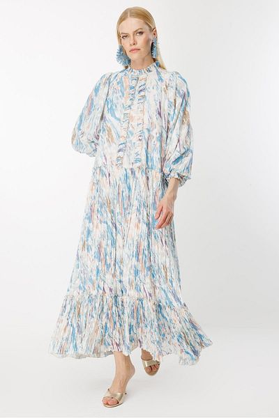 Ghisa Ruffle Detailed Dress Blue Patterned Ecru