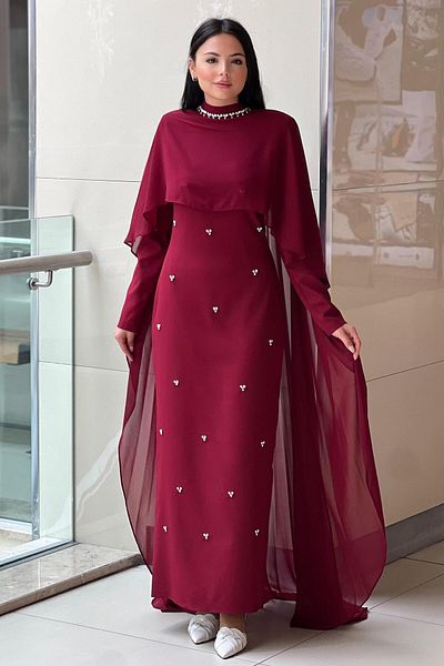 White Corner Chiffon Cape Drop Stone Evening Dress