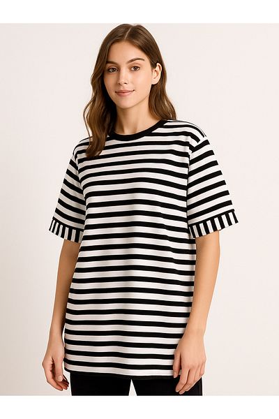 liyanamoda Women's Short Sleeve T-Shirt Black White Striped