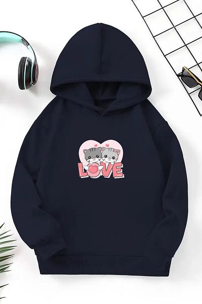 CLAYES Hanorac unisex cu glugă pentru copii bleumarin – Love, țesătură groasă cu șapcă imprimată
