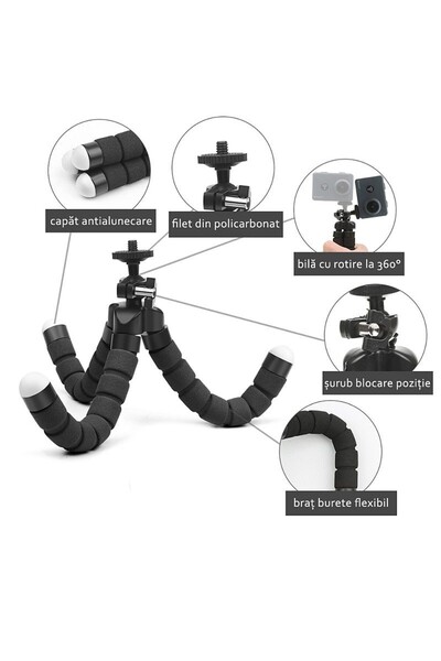 PROCART Flexible mini tripod for mobile phone, adjustable, portable, 3 fixing arms, compact size