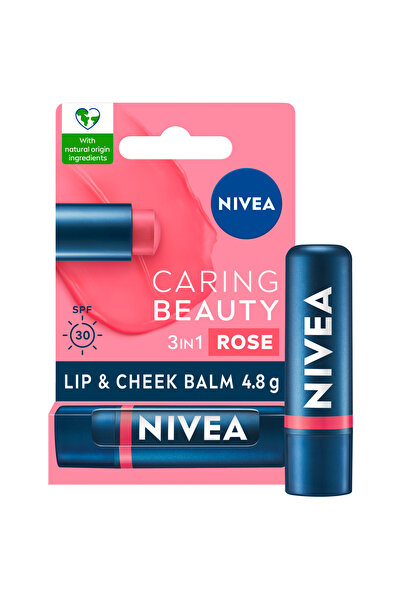 NIVEA Caring Beauty Lip & Cheek Rose lip balm, SPF 30 sun protection, 24h hydration, 4.8g