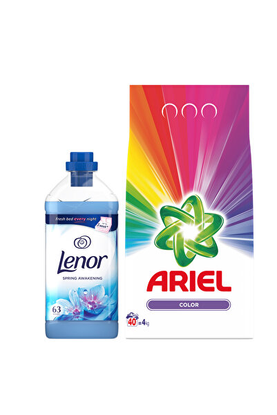 Ariel Automatic powder detergent Color, 4 kg +Lenor Spring Awakening fabric softener, 63 washes, 1.9 L