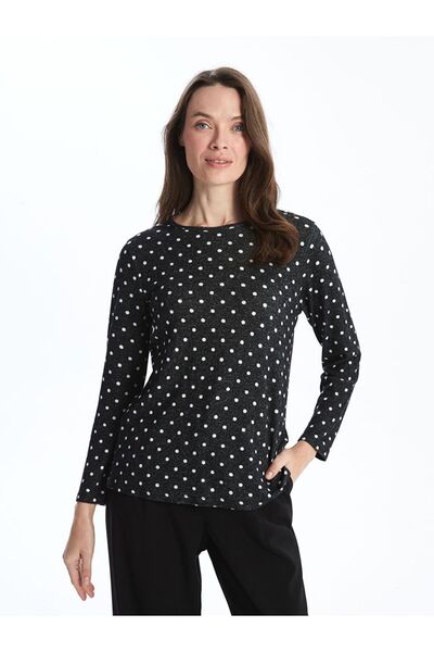 LC Waikiki Black Crew Neck Patterned Long Sleeve Women's T-Shirt