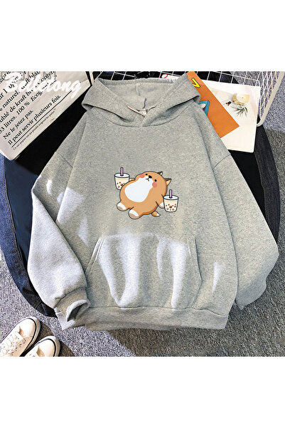 Tarzsokak هوديي شاي بوبا رمادي اللون لطيف على شكل كلب كبير الحجم بقلنسوة كرتو...