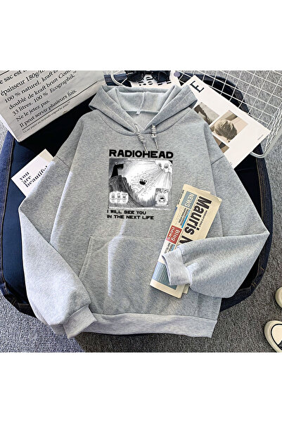 Tarzsokak Γκρι ρετρό κουκούλα με στάμπα Radiohead, αστεία ρετρό καρικατούρα, ...