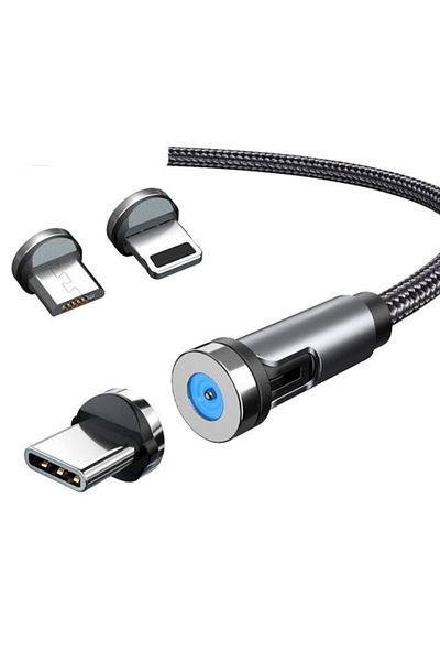 OEM Cablu de încărcare magnetică 3-în-1, 360° + 180°, 1m, Micro, Tip-C, Lightning, 5V, 2.1A, Negru