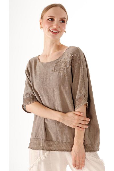 shE tekstil Shoulder Sequined Floral Linen Blouse