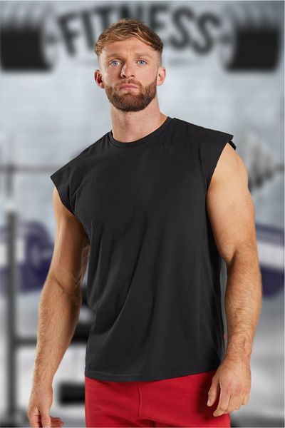 BESSA Black Unprinted Sports Tank Top Crew Neck Cotton Sleeveless Tank Fitness Men