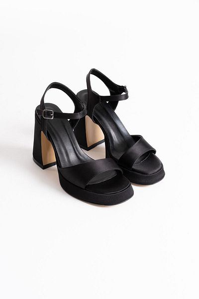 Zerenyus Sandale cu toc cu pană din satin negru pentru femei Lorren Premium