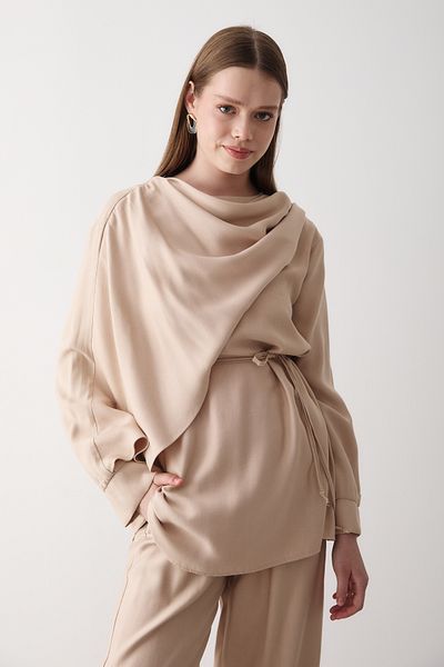JASTE Women's Draped Belted Blouse & Wide Leg Elastic Waist Pants Set