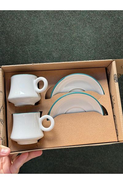 CeM Porselen 2-Person Green Striped Boiler Model Coffee Cup Set