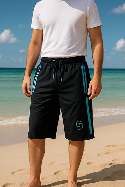 İYİBU Men's Long Swim Shorts – Black Blue, Water Repellent, Knee Length Islamic Swim Shorts