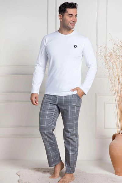 Mavelle Men's White Plaid Large Size Pajama Suit 3054