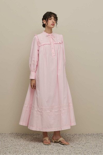 Fahhar Voile Dress with Stripe Detail Pink