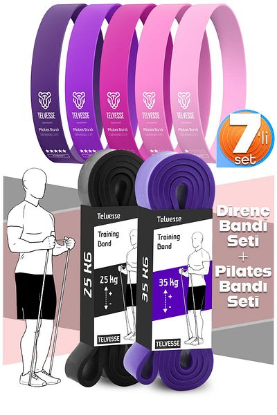 Telvesse 7Li Mega Set 25+35 kg + 5Li Pilates Resistance Band Barre Rubber Loop Band Pink Tone