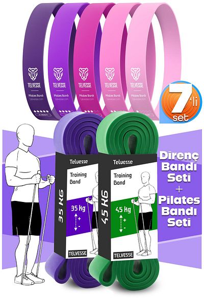 Telvesse 7Li Mega Set 35+45 kg + 5Li Pilates Resistance Band Barre Exercise Rubber Loop Band Pink Tone