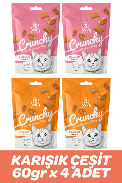 Vet's Plus Crunchy Karışık Kedi Ödülü 60gr (4 Adet) - Somonlu ve Tavuklu İçi ...