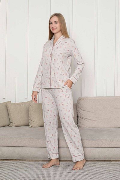 ALİMER Set pijamale pentru femei cu nasturi în față - model de inimă bej cu mâneci lungi Lycra Rink Viscose 2868UY