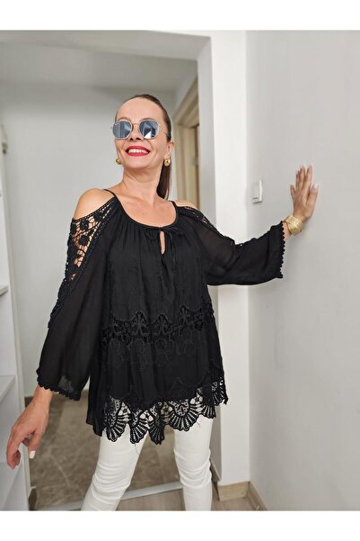 Felix Butik FELİX13918 Omuz Açık Dirsek Kol Nakışlı İthal Dantel İpekli Siyah...