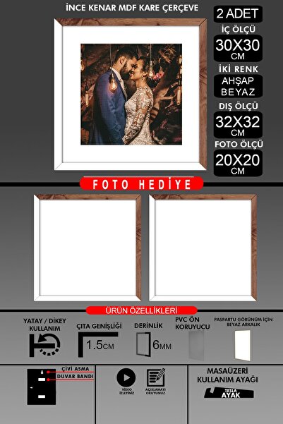 Bytwo 2 Pieces 30X30 Frame - Thin Slatted Frame - 2 Colors White Wood - Square Frame Photo Frame