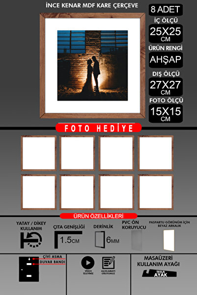 yhfoto 8 komada okvira 25x25 - tanki letvičasti okvir - drveni okvir - kvadra...