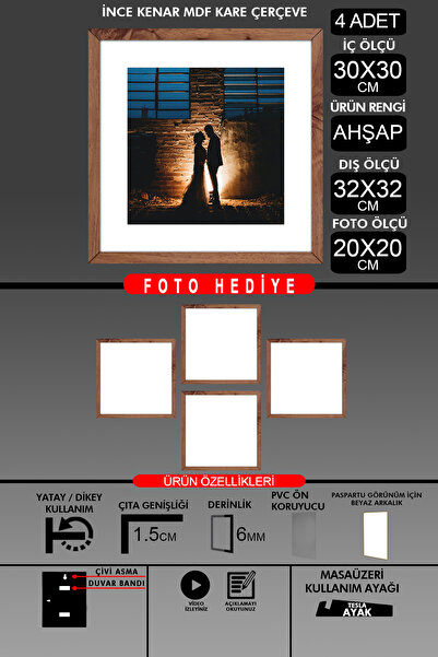 yhfoto 4 komada okvira 30x30 - Tanki letvičasti okvir - Drveni okvir - Kvadra...