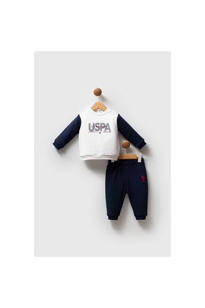 DIDuStore Uspa Baby Boy 2 Piece Set Sweatshirt and Tracksuit Bottom White Navy Blue