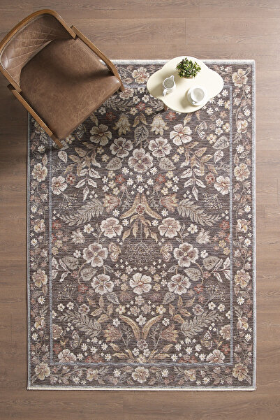 venucci home & living Frezia Floral Bambu Polyester Oturma Odası Salon Mutfak Halısı Eskitme Çiçekli Vintage Halı