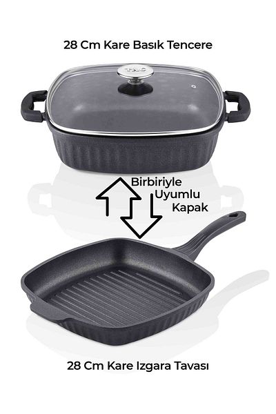 Taç Valeriya Casting 2-Piece Square Oblate Pot and Grill Pan Set