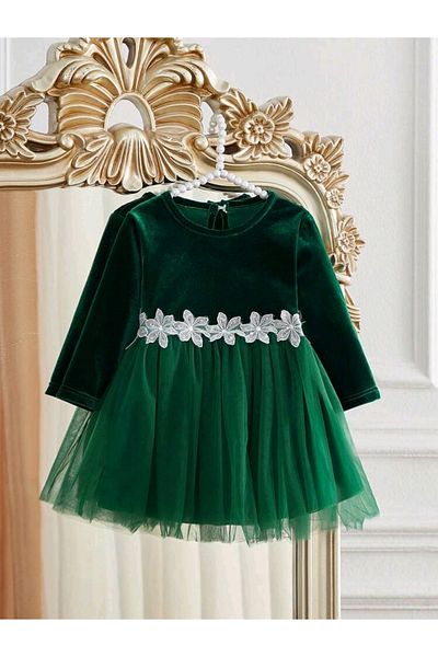 OEM Green velvet dress with tulle at the bottom, 18-24 months, 86-92 cm