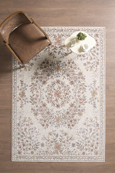 venucci home & living Frezia Floral Bambu Polyester Oturma Odası Salon Mutfak Halısı Eskitme Çiçekli Vintage Halı