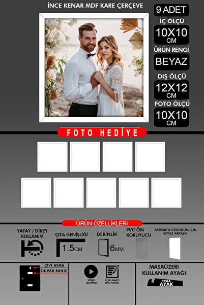 Bytwo 9 komada okvira 10x10 - tanki letvičasti okvir - beli okvir - kvadratni...