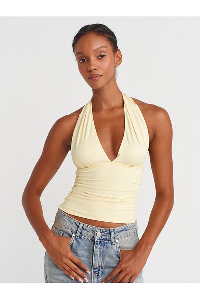 Dilvin 31968 Gathered Halter Neck Top-Yellow