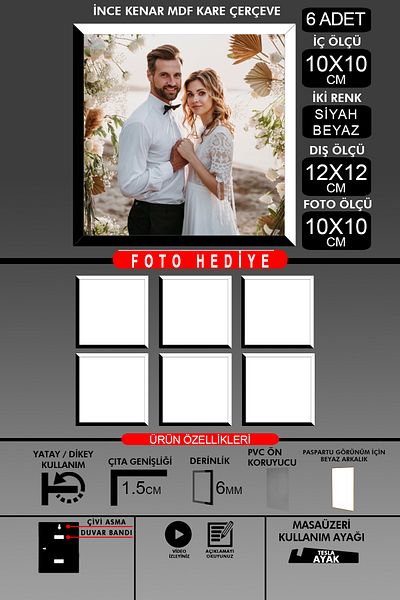 bymat 6Pcs 10X10 Frame - Fine Slatted Frame - 2 Colors Black White - Square Frame Photo Frame