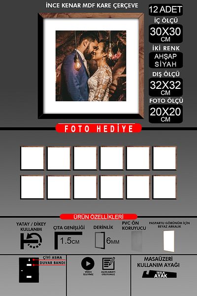 Bytwo 12 Pieces 30X30 Frame - Thin Slatted Frame - 2 Colors Wood Black - Square Frame Photo Frame