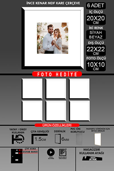 bymat 6Pcs 20X20 Frame - Slim Slatted Frame - 2 Colors Black White - Square Frame Photo Frame