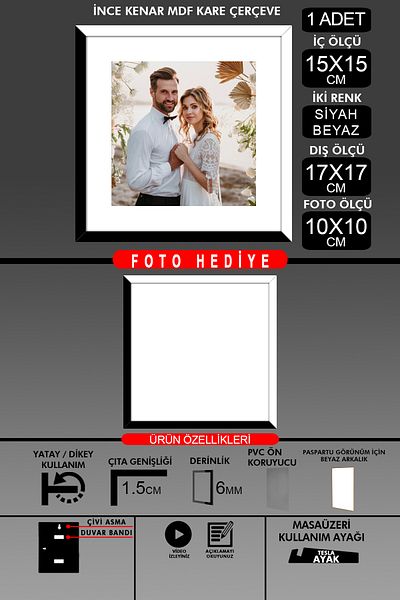 Bytwo 1Pcs 15X15 Frame - Thin Slatted Frame - 2 Colors Black White - Square Frame Photo Frame
