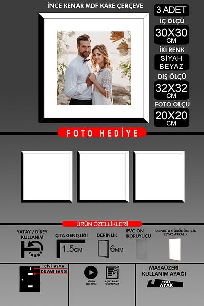 Bytwo 3Pcs 30X30 Frame - Thin Slatted Frame - 2 Colors Black White - Square Frame Photo Frame