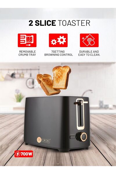Afra 2 Slice Bread Toaster, 700W, 2 Slots, Removable Crumb Tray, Plastic Body, Black Finish, Eject B
