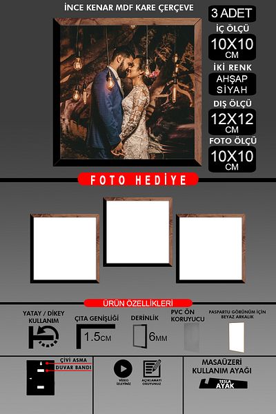 yhfoto 3Pcs 10X10 Frame - Fine Slatted Frame - 2 Colors Wood Black - Square Frame Photo Frame