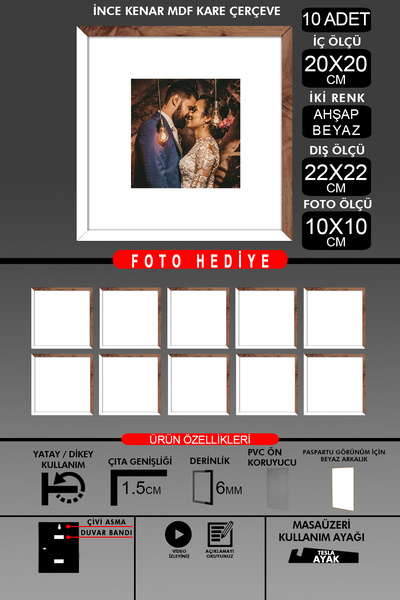 bymat 10 Pieces 20X20 Frame - Thin Slatted Frame - 2 Colors White Wood - Square Frame Photo Frame