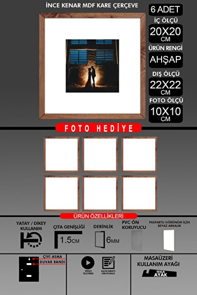 Bytwo 6 Pieces 20X20 Frame - Thin Slatted Frame - Wooden Frame - Square Frame - Photo Frame