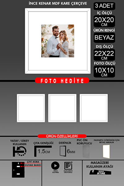 yhfoto 3 komada okvira 20x20 - Tanki letvičasti okvir - Beli okvir - Kvadratn...