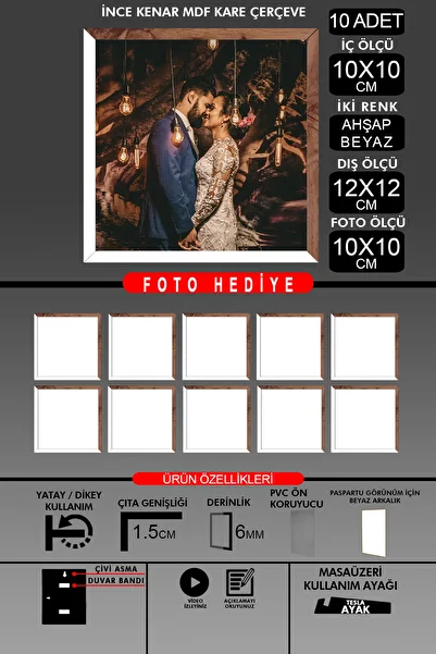 bymat 10Pcs 10X10 Frame - Fine Slatted Frame - 2 Colors White Wood- Square Frame Photo Frame