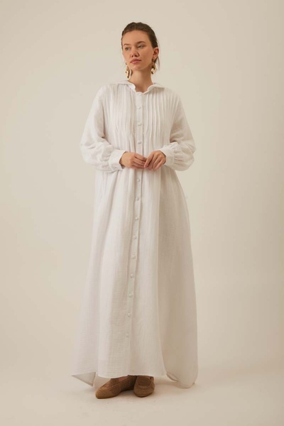 ZÜLAYS Bebe Yaka Nervürlü Müslin Elbise Beyaz