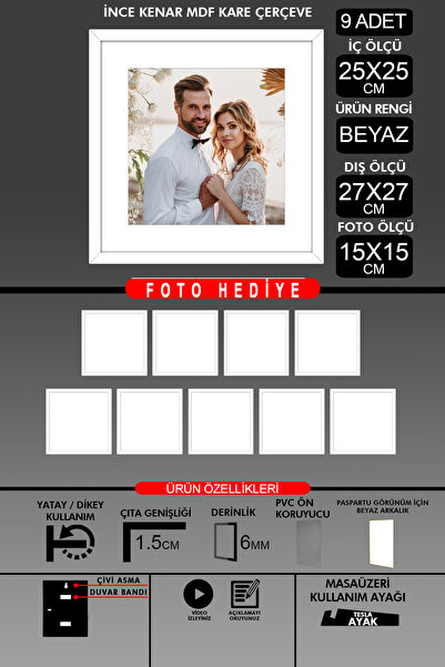 Bytwo 9 komada okvira 25x25 - tanki letvičasti okvir - beli okvir - kvadratni...