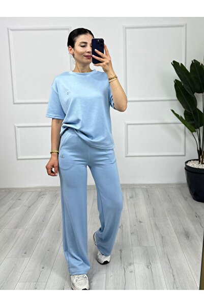 TUNAM BUTİK طقم ملابس أطفال مزدوج من قماش المودال مع شعار باللون الأزرق