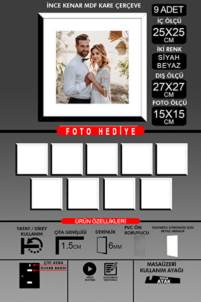 bymat 9 komada okvira 25x25 - tanki letvičasti okvir - 2 boje crna i bela - k...